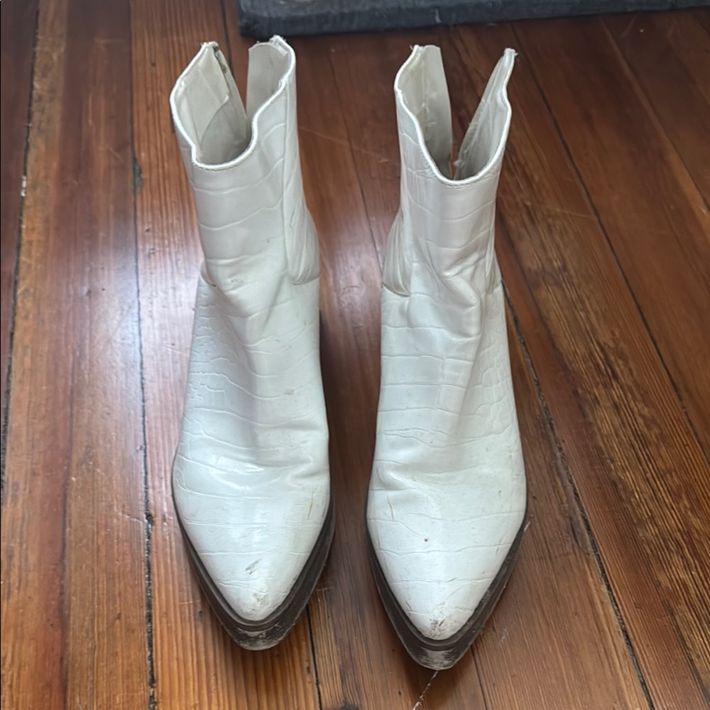 White Croc-Embossed Ankle Boots